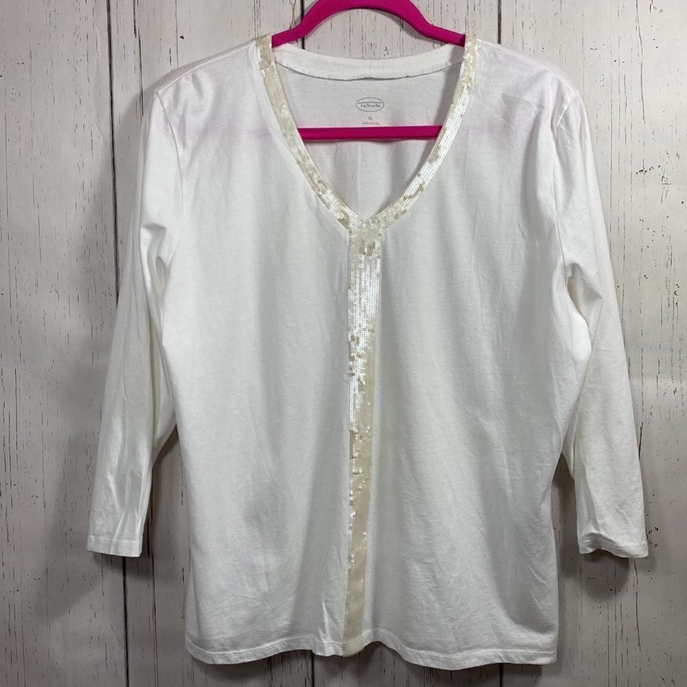 Talbots Womens White Sequins 3/4 Sleeve V Neck Cotton Casual Top